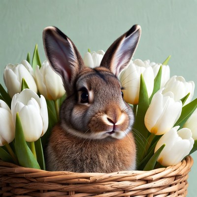Rabbit in white tulips basket