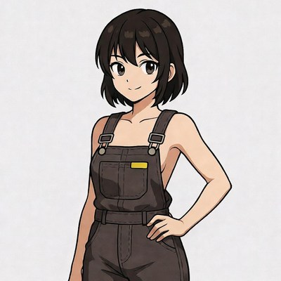 Anime girl in overalls smiling