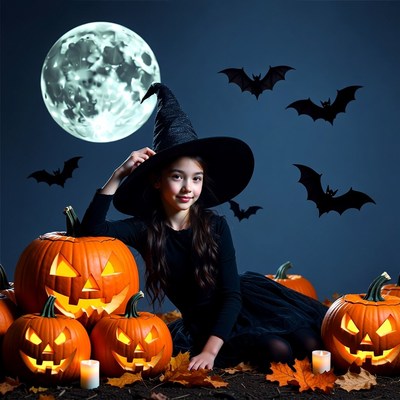 Girl in Witch Hat with Pumpkins