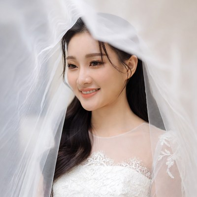 Asian bride in white lace wedding dress
