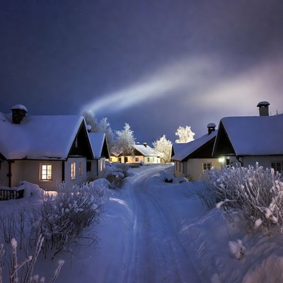 Snowy village with beam of light