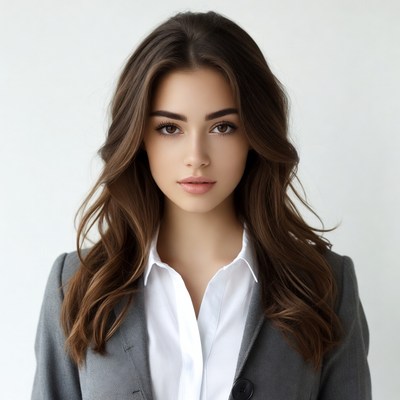 Woman in gray blazer white shirt