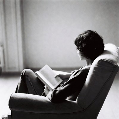 Woman reading book in armchair