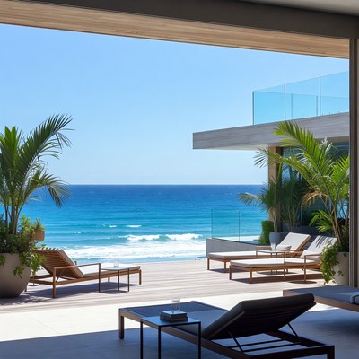 Modern Beachfront Deck with Lounge Chairs