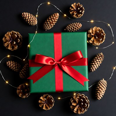 Green Gift Box with Pine Cones