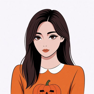 Asian woman in pumpkin Halloween sweater