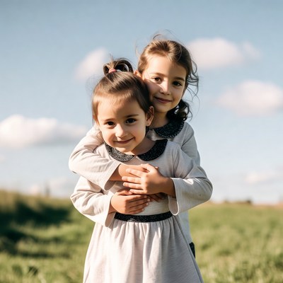 Two girls hugging in green field