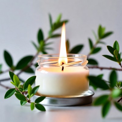 Lit Candle in Jar with Green Leaves