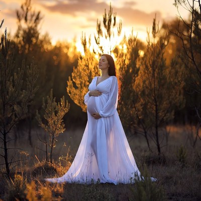 Pregnant woman in white dress sunset forest