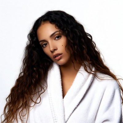 Woman in white bathrobe with curly hair