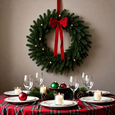 Christmas Wreath Over Holiday Table