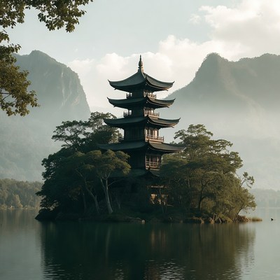 Pagoda on Island in Misty Lake