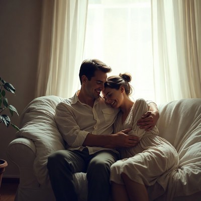 Man embracing pregnant woman on sofa