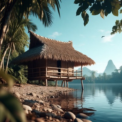 Traditional Bamboo Hut on Lakeside Beach