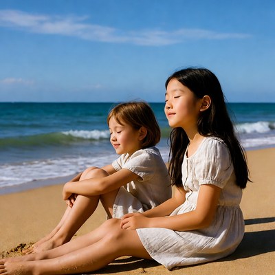 Two Asian girls sitting on beach