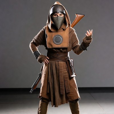 Woman in Mandalorian cosplay with rifle