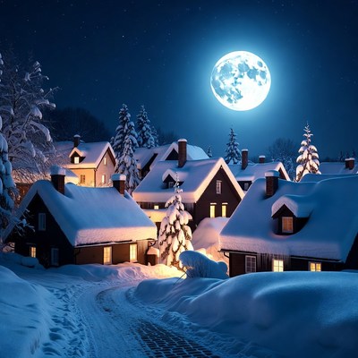 Snowy Village Under Full Moon