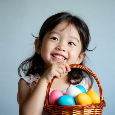 Asian girl holding Easter eggs