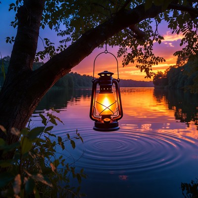 Lantern Hanging from Tree over Lake