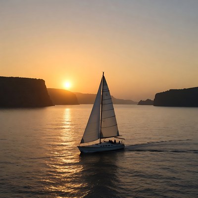 Sailboat at Sunset Between Cliffs