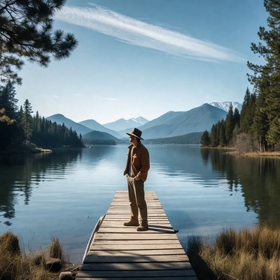 Man in hat on dock by mountain lake