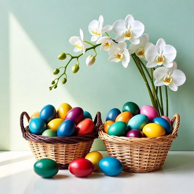 Colorful Easter Eggs in Wicker Baskets