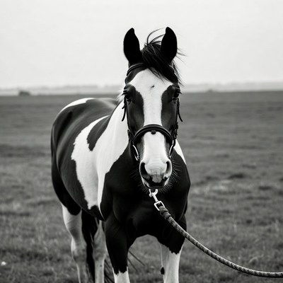 Black and white paint horse in field