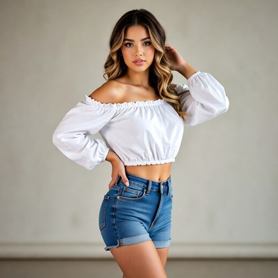 Woman in off-shoulder top and shorts