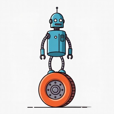 Blue robot balancing on orange wheel
