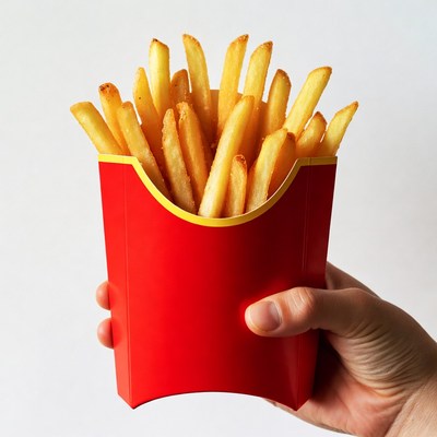 Hand holding french fries in red container
