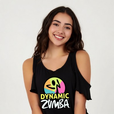 Smiling woman in Dynamic Zumba t-shirt
