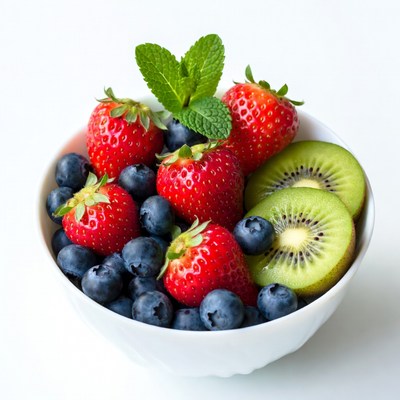 Strawberries Blueberries Kiwi in White Bowl