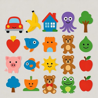 Colorful Cartoon Animals Fruits Vehicles Clipart