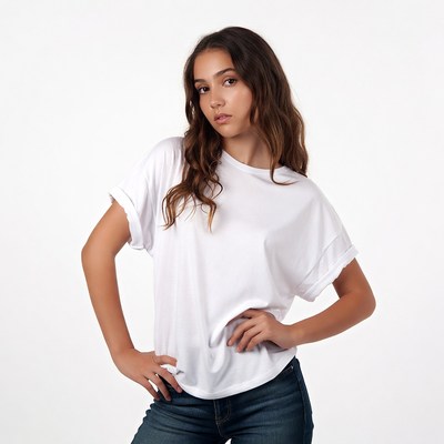 Teen girl in white t-shirt and jeans