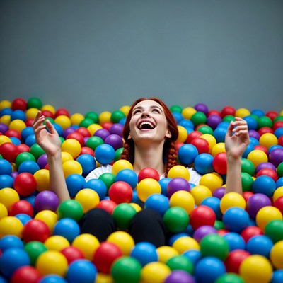 Woman laughing in colorful ball pit