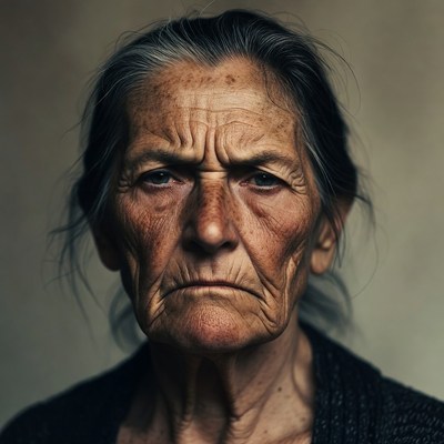 Elderly woman with stern expression