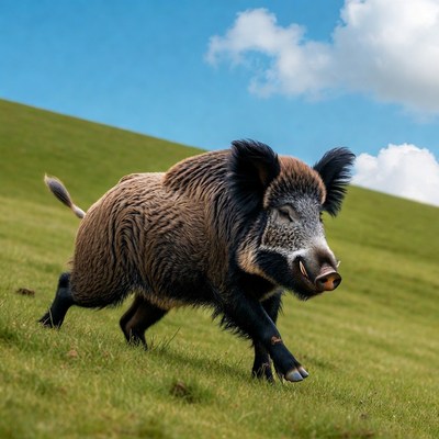 Wild Boar Running on Green Hill