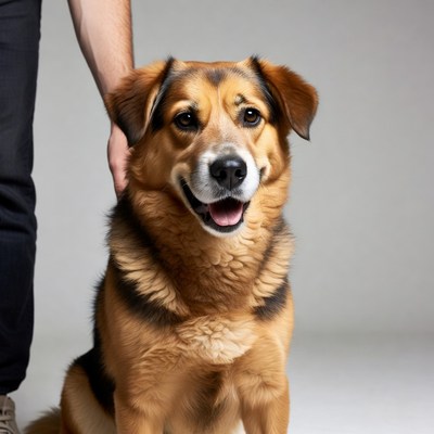 Man petting happy German Shepherd