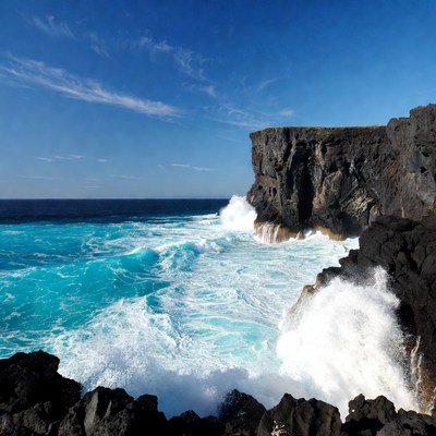 Ocean Waves Crashing Against Black Cliffs