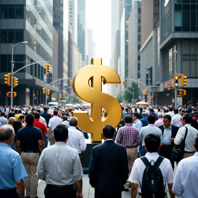 Giant Golden Dollar Sign in Crowded City Street
