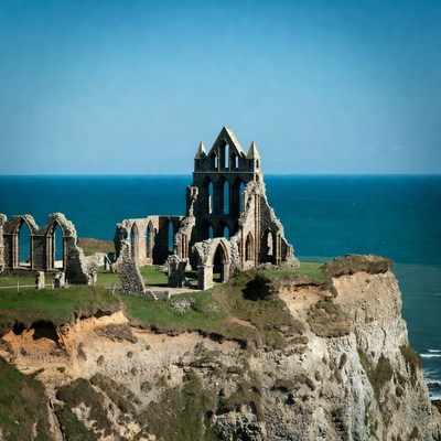 Whitby Abbey Ruins on Cliff Overlooking Sea