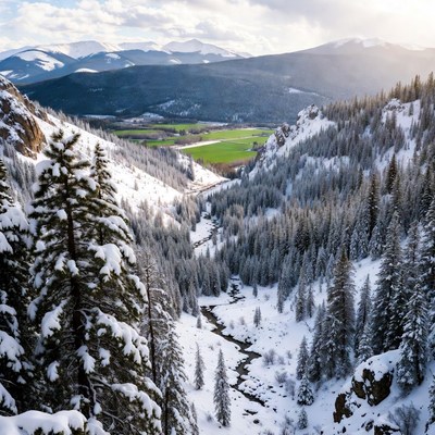 Snowy Mountain Valley with River