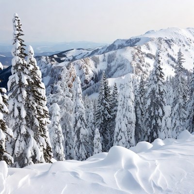 Snowy Pine Trees and Mountains