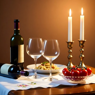 Romantic candlelit spaghetti dinner table