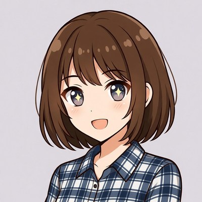 Anime girl smiling in plaid shirt