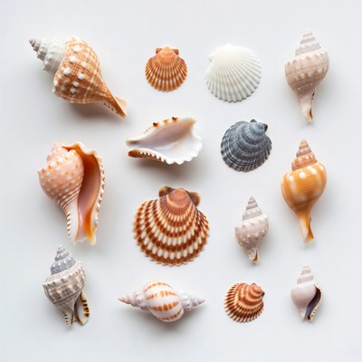 Assortment of seashells on white background