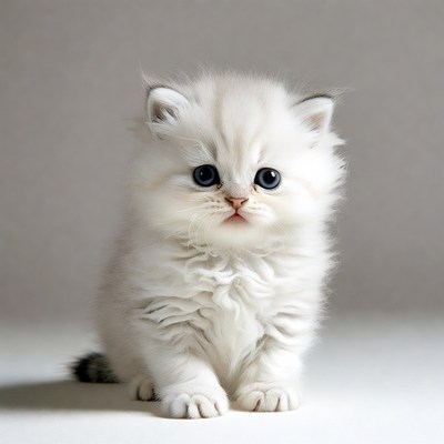 Fluffy white kitten with blue eyes