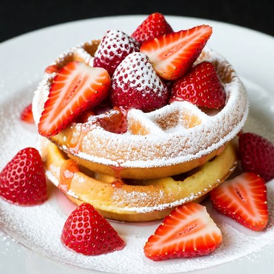 Waffles topped with strawberries