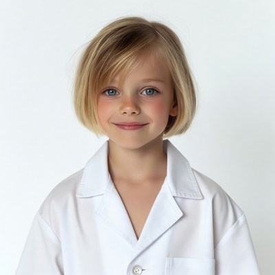 Blonde girl in white lab coat