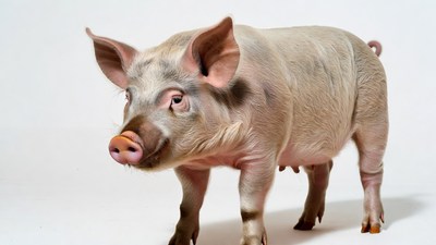 Pink pig standing on white background